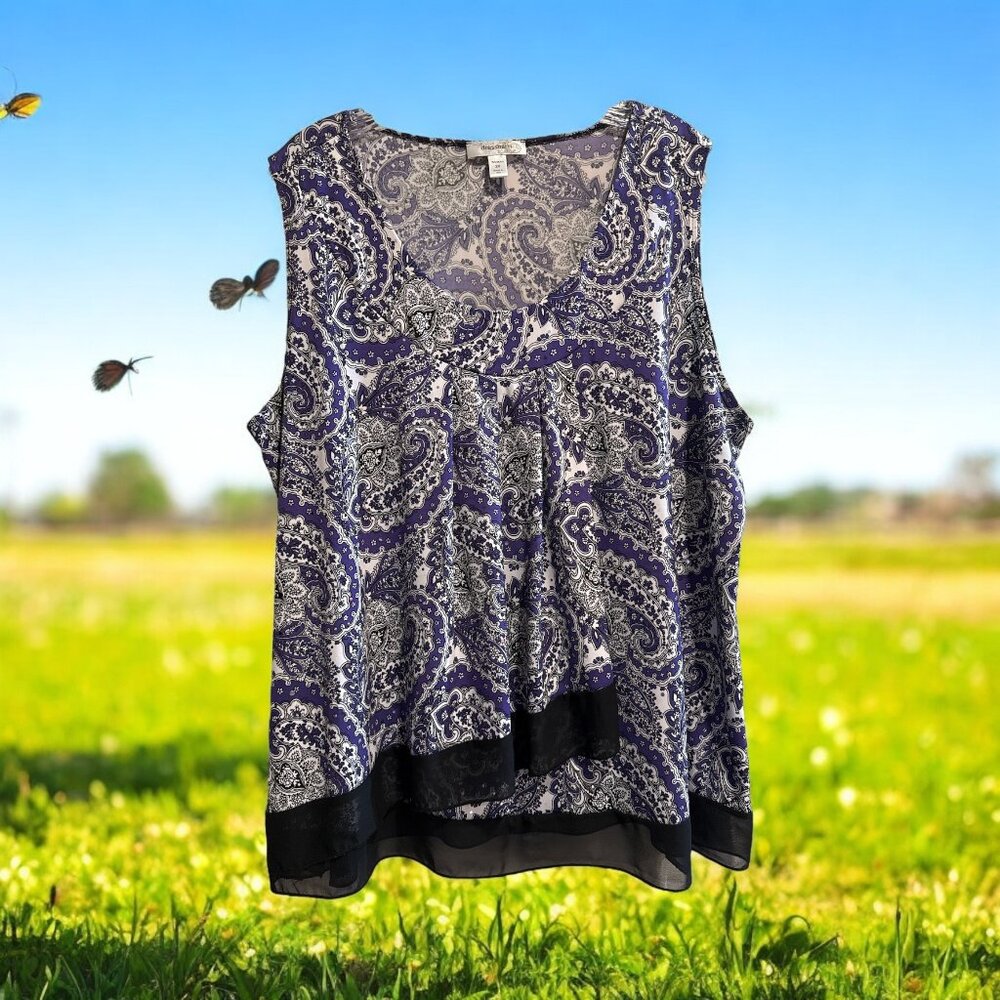 Dressbarn Layered Purple White Paisley Sleeveless Black Hem Sparkle Top 2X